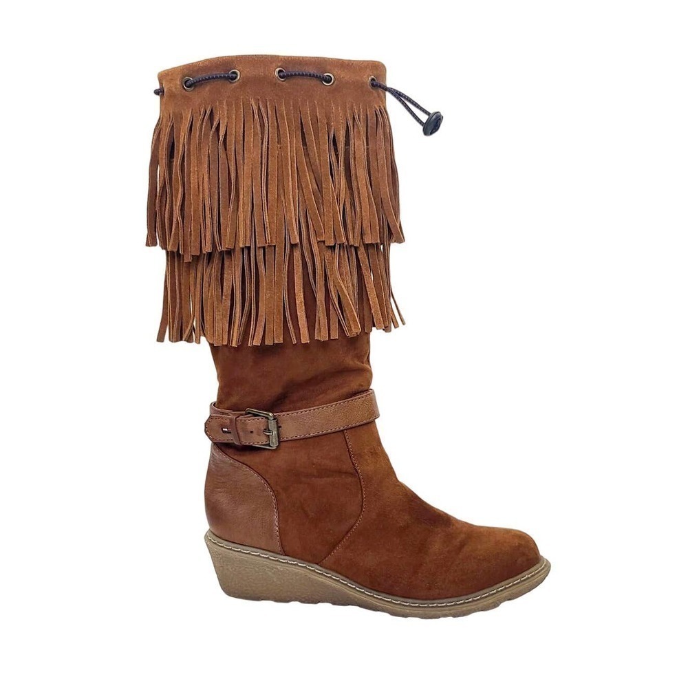 Tommy Hilfiger Wedge Boots Heidi Fringe Mid Calf Western Women's 4